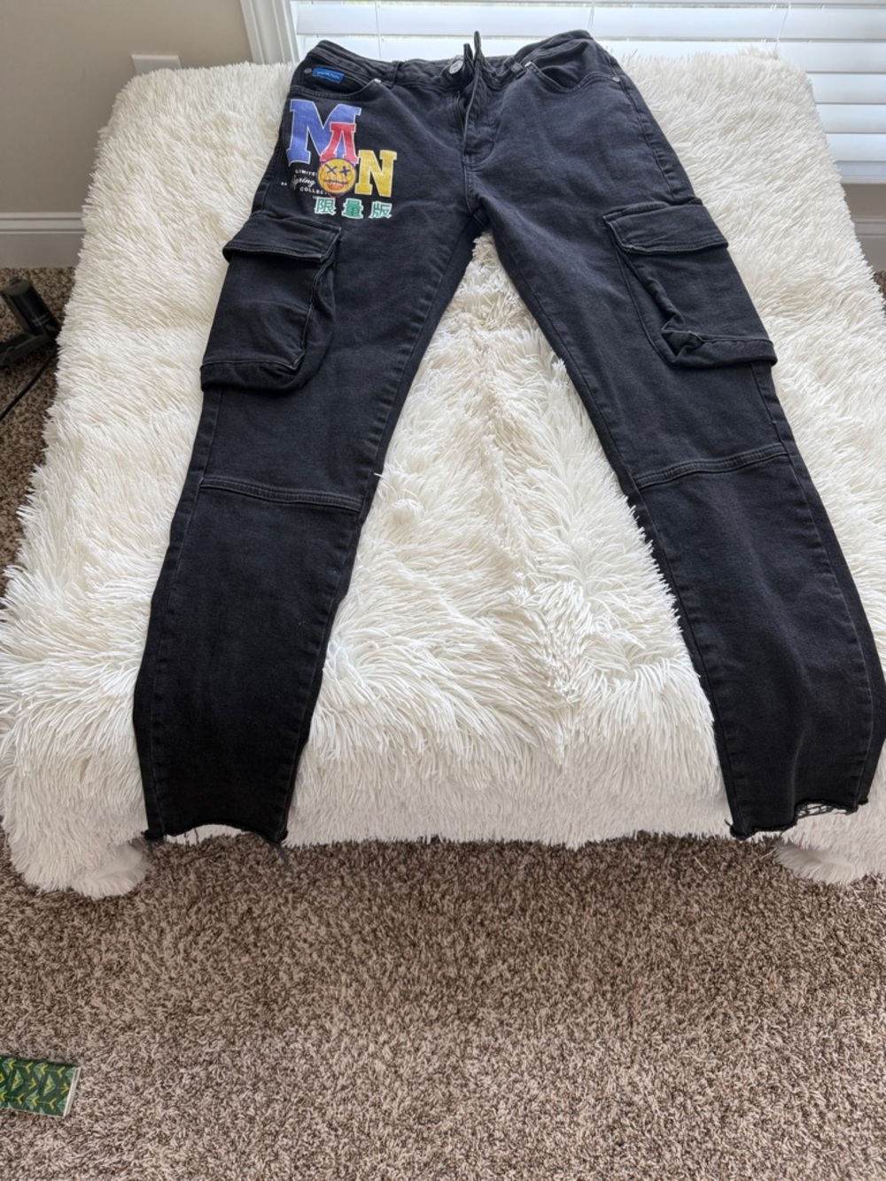 Slim Black Cargo Jeans with Colorful Patch